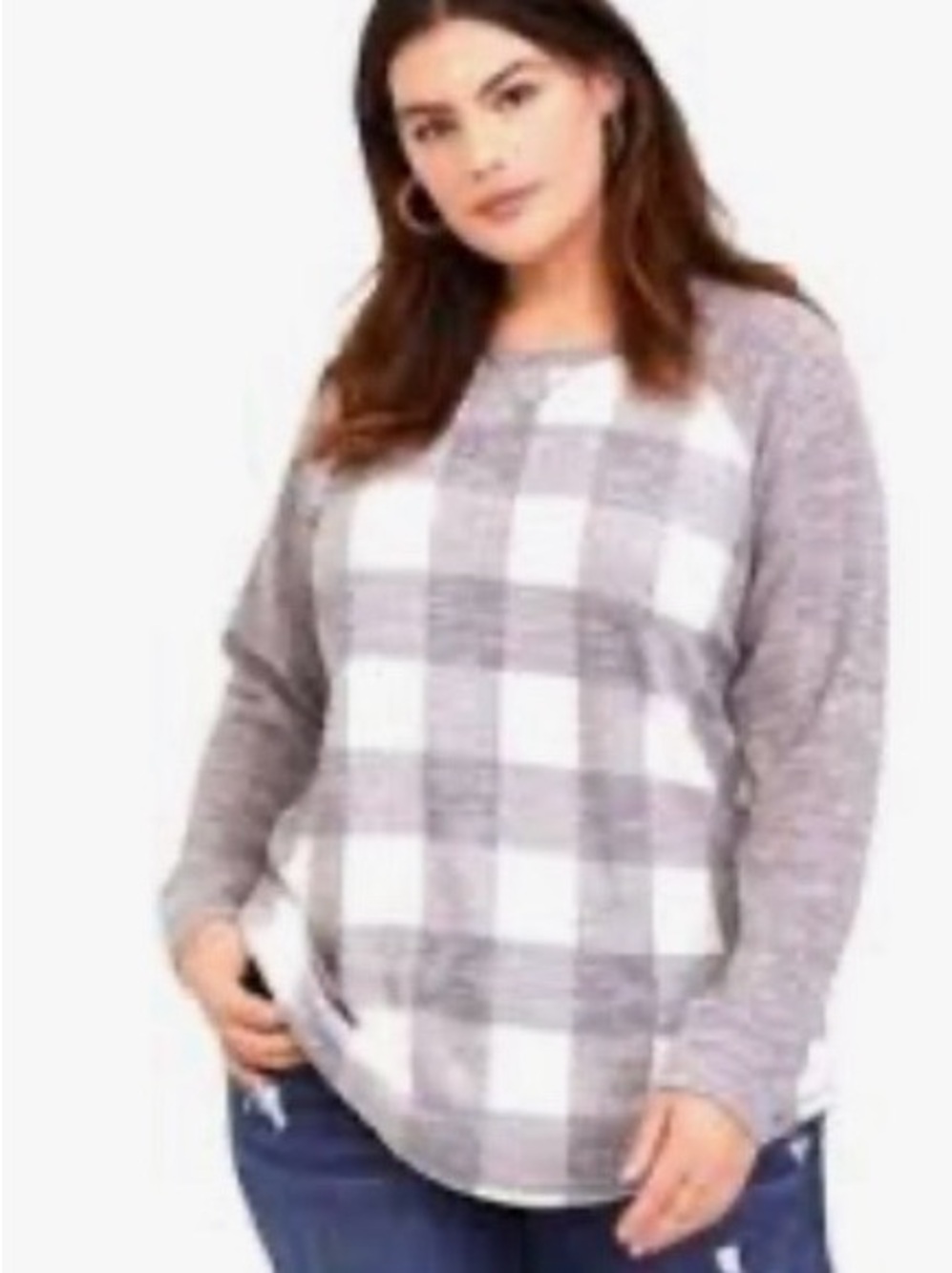 Torrid Super Soft Plush Buffalo Check Long Sleeve Tee in Gray & White (4X)